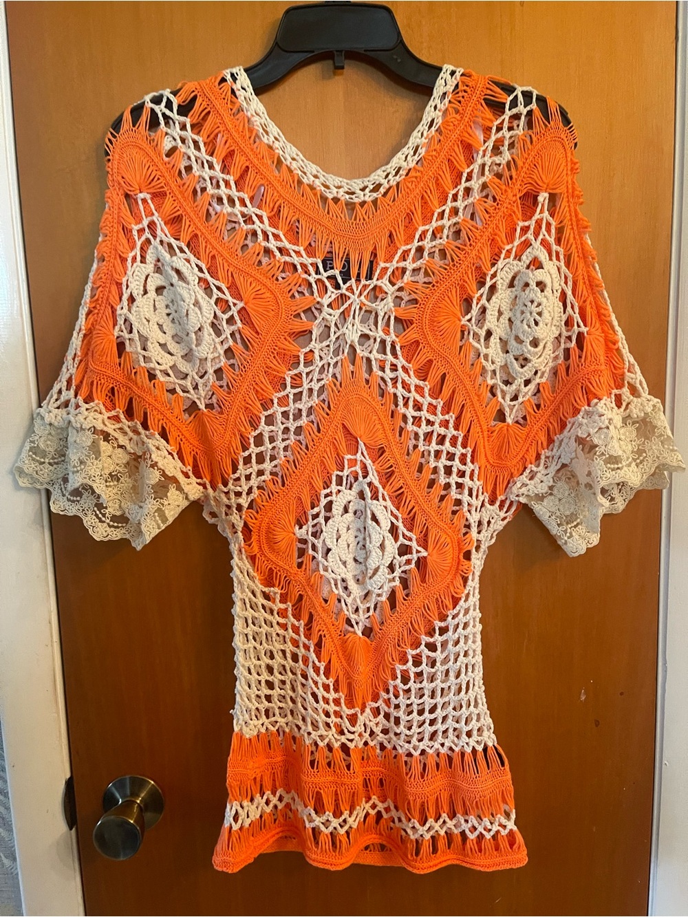 POL Crochet Swim Coverup in Orange and Cream